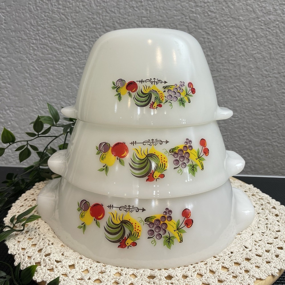 Fire King Chanticleer Rooster Milk Glass Mixing Bowl Set 3 Country Kitchen READ